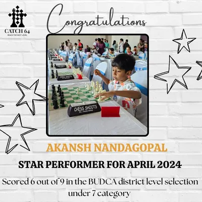 Celebrating our Star Performer for April 2024, Akansh Nandagopal. He scored an impressive 6 out of 9 in the under-7 category at the BUDCA district level selection, a fantastic achievement for a rising talent.