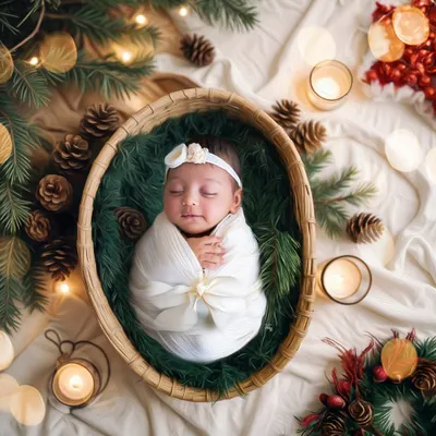 The most precious Christmas gift. This newborn sleeps peacefully in a basket lined with pine branches, surrounded by the warm glow of candles and festive decor.