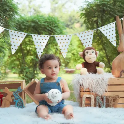 A beautiful outdoor first birthday setup in a park. We bring the props to create a special scene for your baby's milestone celebration.