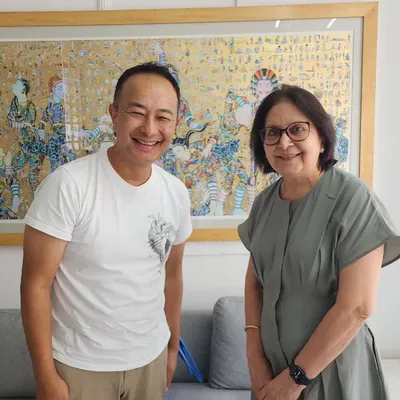 A wonderful moment captured during my visit to artist Tsherin Sherpa's studio in Kathmandu, Nepal. Building strong, personal relationships with my artists is fundamental to what I do.