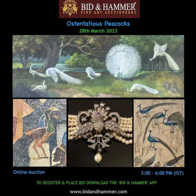 The promotional collage for our 'Ostentatious Peacocks' online auction. This themed auction featured a unique mix of paintings and jewelry inspired by the peacock motif, including works by M.F. Husain.