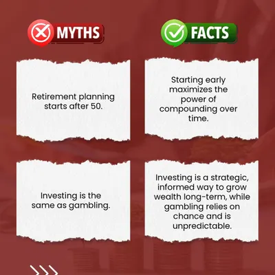 This carousel debunks common money myths. We clarify that investing is not gambling, you do not need to be an expert to start, and a financial advisor provides value beyond what an app can offer.
