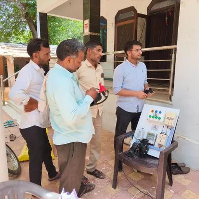 Our expert uses a portable demo kit during a Kisan Sabha in Med village, Jaipur, to explain the workings of our Autodrip and Hydromat automation systems. This hands-on approach helps farmers understand the practical benefits of smart irrigation.