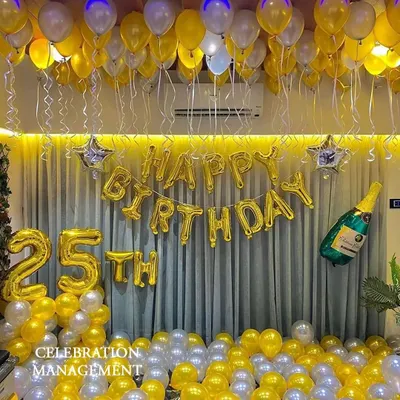 A room bursting with celebration for a 25th birthday! I used a cheerful yellow and silver color scheme, with balloons on the ceiling and floor, plus large foil numbers and a champagne bottle balloon for extra fun.