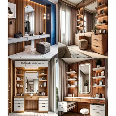 A collection of four different dressing unit designs. Each one offers a unique combination of mirrors, drawers, and shelving to create a beautiful and organized space for your daily routine.