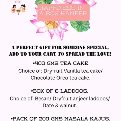 Our 'Happiness in a Box' Diwali hamper menu. This option includes a 400g tea cake, a box of 6 laddoos, and masala kajus, with choices for each item.