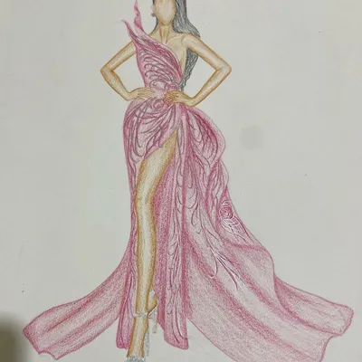 A fashion illustration of a flowing pink gown with a high slit and intricate draping. This is the first step where we visualize the final look and feel of the garment.