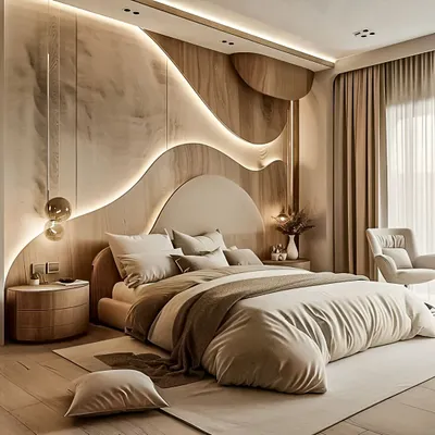 This bedroom is all about soft curves and warm, layered lighting. The custom-designed headboard flows up to the ceiling, creating a stunning focal point. The neutral color palette and soft textures make this room a truly serene retreat.