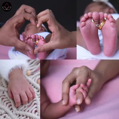 A collage dedicated to the little things: tiny feet with rings, small hands holding a finger, and parents' hands forming a heart around their baby.