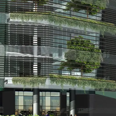 A closer look at the facade of our visionary "diamond" concept building. The vertical green terraces are designed as functional, sustainable elements, weaving nature directly into the high-rise structure to improve air quality and regulate temperature.