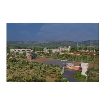 An aerial rendering of the 17-acre Maritime Training Institute campus in Khopoli. The master plan shows how academic buildings, residences, and parade grounds are integrated into the contoured landscape, preserving much of the existing olive grove.