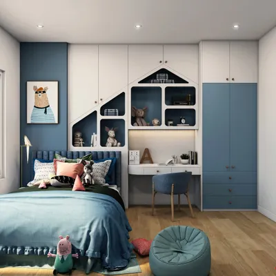A sophisticated study and sleep combo perfect for teens or young adults. The house-shaped shelving above the desk adds a touch of whimsy, while the blue and white color scheme creates a calm and productive environment.