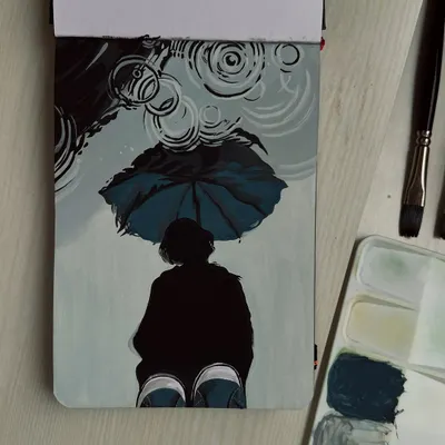 A moody gouache painting of a person in the rain.