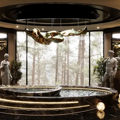 This luxurious bathroom is a poetic tribute to sea waves, blending fluid curves and a serene design. The centerpiece is a stunning multi-level jacuzzi, set against a backdrop of lush greenery and forest views.
