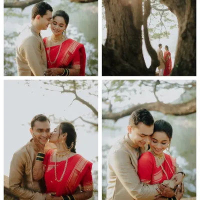A collage of Janhavi and Yash during their outdoor shoot. These photos show a range of emotions, from playful kisses to quiet, intimate embraces, all set against a beautiful natural backdrop.