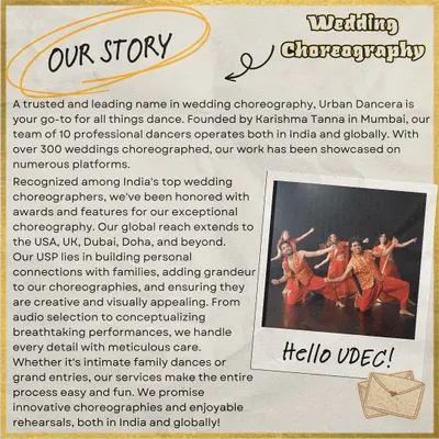 A trusted name in wedding choreography, Urban Dancera is your go-to for all things dance. Founded by me, Karishma Tanna, our team of 10 professional dancers operates both in India and globally, with over 300 weddings choreographed.