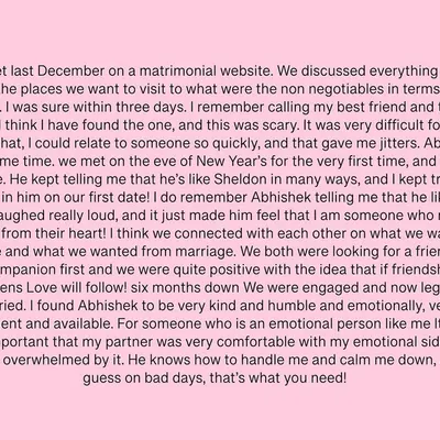A heartfelt note from Susheta about how she and Abhishek met on a matrimonial website and knew almost instantly they had found the one. Stories like this are the heart of what I do.