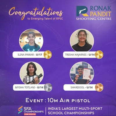 Celebrating the emerging talent from our academy. Our young shooters Ilina, Trisha, Mysha, and Shardool brought home gold, silver, and bronze medals in the 10m Air Pistol event at the SFA Championships, India's largest multi-sport school championship.