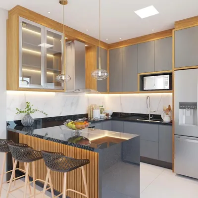 This 3D render shows a U-shaped kitchen with a breakfast bar. The design combines grey cabinets with wood accents, a black granite countertop, and stylish pendant lights.