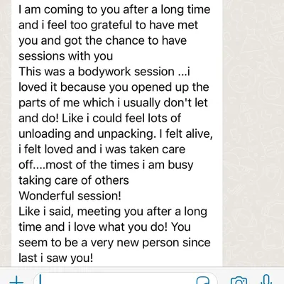 A heartfelt message from a client who returned for a bodywork session after two years. She speaks of feeling alive, loved, and taken care of, a reminder of how important it is to receive.