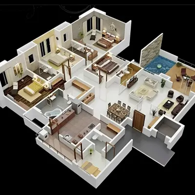 This comprehensive 3D floor plan showcases a spacious luxury villa layout. It visualizes multiple bedrooms with ensuite bathrooms, a large kitchen and dining area, separate living spaces, and an outdoor terrace with a private pool, giving a complete overview of the property's potential.