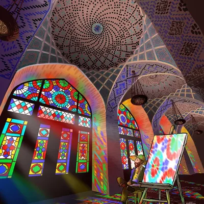 Here, I place Vincent inside the stunning Nasir al-Mulk Mosque in Shiraz, Iran. The light from the stained-glass windows casts a rainbow of colors on the floor, and he translates this unique beauty into his own swirling, impressionistic style on his canvas.