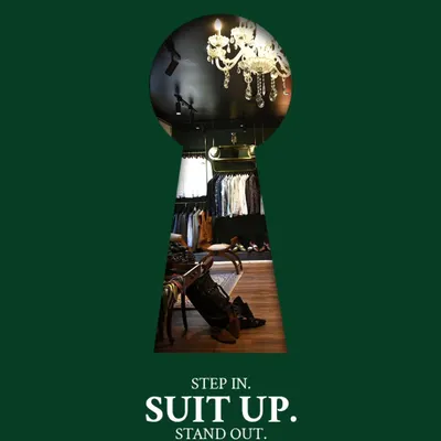 An invitation to discover a world of bespoke elegance. This graphic, showing our studio through a keyhole, encapsulates our message: Step in, suit up, and stand out with a style that is uniquely yours.