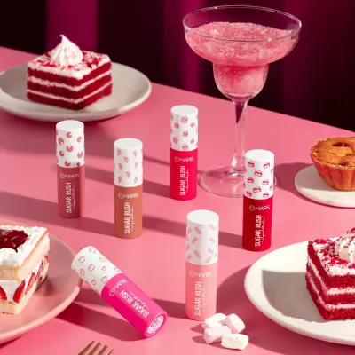 A playful and indulgent scene for Mars Cosmetics' "Sugar Rush" line. We surrounded the products with cakes and sweets on a monochrome pink set to create a delicious and vibrant aesthetic that perfectly matches the brand name.