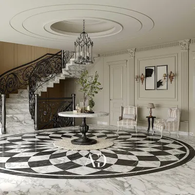 This lobby is designed as a portal of first impressions, blending antiquity with modernity. The striking black and white marble floor inlay and ornate wrought iron staircase create a narrative of French classical aesthetics, ensuring functionality is wrapped in timeless beauty.