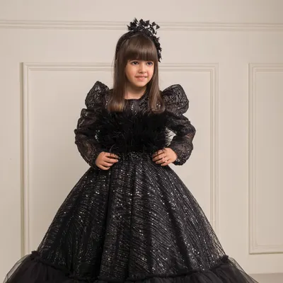 This magnificent black gown is perfect for a grand birthday celebration, featuring long sleeves, a feather detailed bodice, and a full, sparkling skirt.