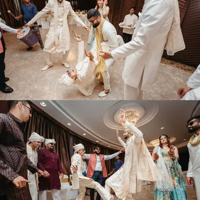A wedding is also about the glorious chaos! The energy of a baraat is infectious, and I dive right in to capture the wild dance moves, the roaring laughter, and the unstoppable joy of friends and family celebrating your big day.