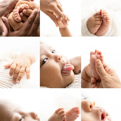 A collage celebrating all the little details, from tiny toes and fingers to sleepy yawns and funny faces. These are the memories that make up their first days.