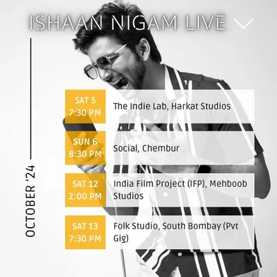 My gig calendar for a busy October, with shows at Harkat Studios, Social, India Film Project, and a private gig. I love having a month packed with live music.