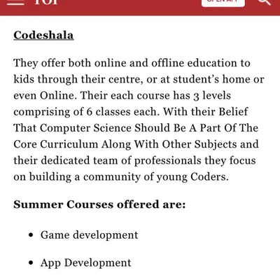 The Times of India featured CodeShala as one of the top six coding classes for kids in India. The article noted our flexible learning models, including online, offline, and at-home classes, and our structured, multi-level courses.