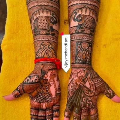 My signature portrait mehndi featuring a detailed bride and groom on the palms. This design is perfect for couples who want their henna to be a personal reflection of their relationship.