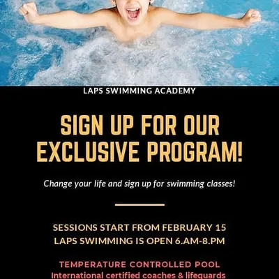 Sign up for our exclusive swimming program, designed to provide a comprehensive learning experience for all. This poster features our inaugural offer details and emphasizes our commitment to quality with internationally certified coaches and a temperature controlled environment.