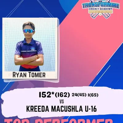 A fantastic performance from Ryan Tomer, who scored an unbeaten 152 in a U-16 test match. His innings showed great temperament and skill, proving his ability to build a long and impactful innings.