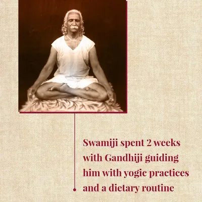 A portrait of our revered founder, Swami Kuvalayananda. In 1927, he spent two weeks with Mahatma Gandhi, guiding him personally with yogic practices and a dietary routine to support his health.