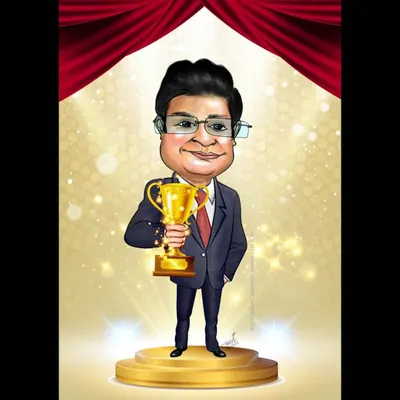 A personalized award caricature for a corporate champion. This digital artwork features a full-body drawing on a stage with a trophy, making it a truly special recognition for an employee.