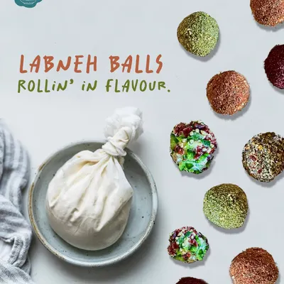 Meet the snack that's literally rollin' in flavor. I make my labneh fresh, then roll the creamy balls in a mix of mouth-watering coatings. This image shows the simple cheesecloth process and the vibrant, delicious result. They are too tasty to just stare at.