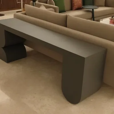 This was one of our expedited 10-day delivery projects. A sculptural console table with a minimalist, geometric design, finished in a matte grey lacquer, designed to sit perfectly behind a sofa.