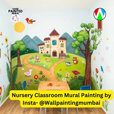 A fairytale castle and friendly animals create a magical world in this nursery classroom mural. The soft colors and gentle theme are designed to make the room feel welcoming and spark the imagination of young children.