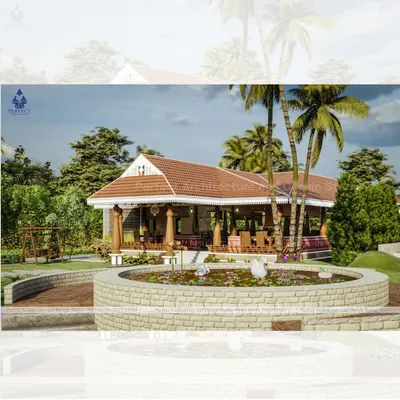 A 3D visualization of a sprawling South Indian traditional villa, complete with a terracotta tile roof, an open veranda, and a serene water feature in the landscaped garden. This design embodies a connection to heritage and nature.