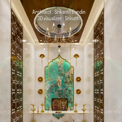A luxurious and modern pooja room design featuring a stunning turquoise agate-style backdrop, ornate brass lamps, and intricate jaali doors for a divine ambiance.