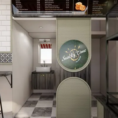 A 3D render of a charming cafe concept. We used a combination of checkerboard flooring, wall-mounted bar seating, and custom branding to create a distinct retro vibe, ensuring every corner of the space contributes to the customer experience.