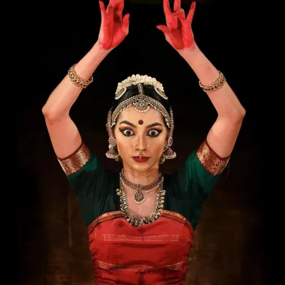 A powerful depiction of the goddess with hands stained red, symbolizing her fierce form. This was for a Navaratri announcement, a time of year I love to dedicate to performing pieces about the divine feminine.