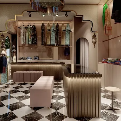 A detailed 3D render for a high-end ladies' wear boutique. This visualization showcases the Moroccan-inspired design, with checkered flooring, fluted counters, and elegant clothing displays.