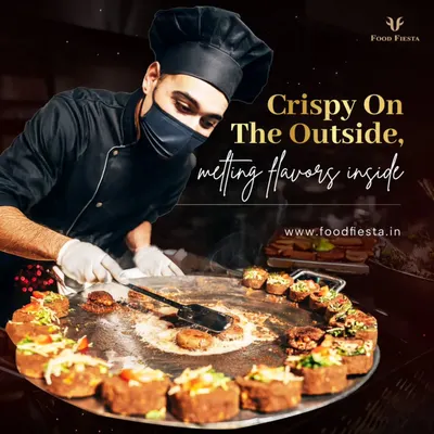 A chef preparing crispy Aloo Tikkis on a large tawa at a live station. Each tikki is fried to golden perfection, ready to be topped with chutneys and yogurt for that classic street food experience.