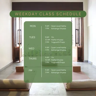 Our weekday class schedule, showing a variety of morning and evening options. We offer Open Level Hatha, Yin, Ashtanga Vinyasa, and Yoga with Props to fit your needs throughout the week.