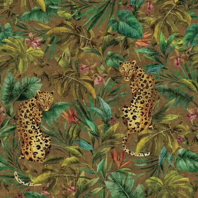 A swatch from the Daisy Bennett collection, this design features leopards resting amidst a lush, tropical jungle. The rich colors and detailed illustration create an atmosphere of untamed beauty and sophisticated charm.